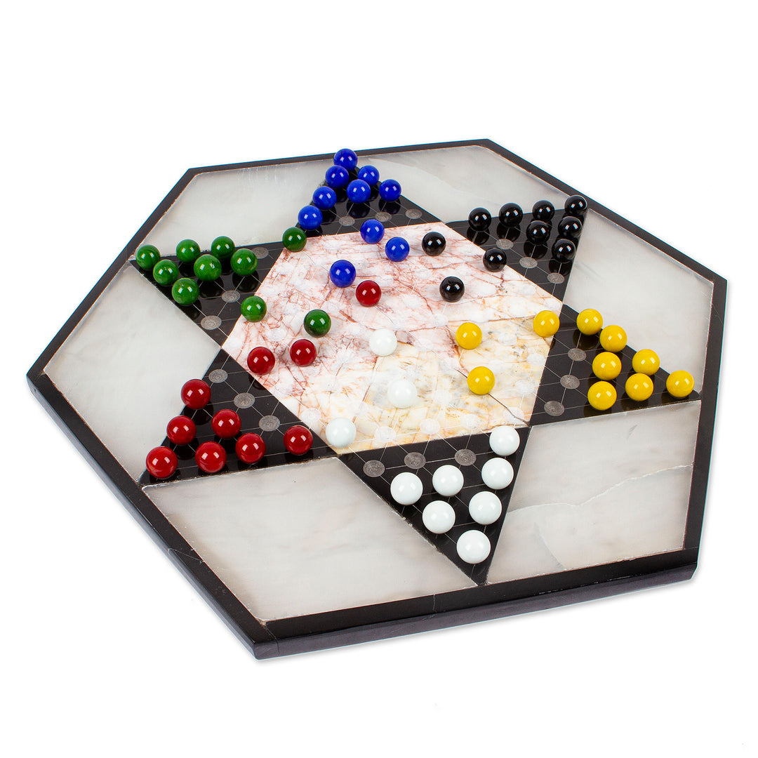 Hand Crafted Marble Chinese Checker Game Set - Colorful Contrast