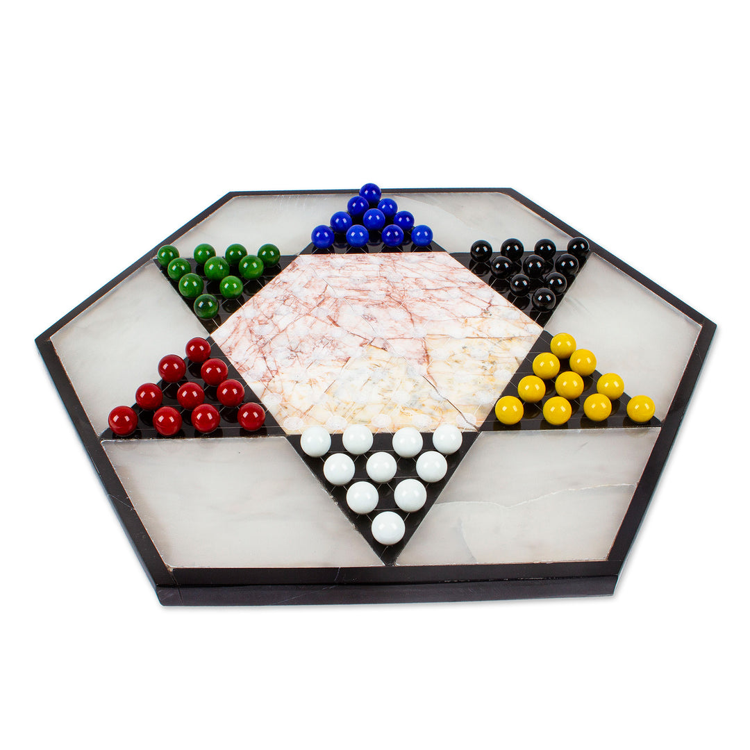 Hand Crafted Marble Chinese Checker Game Set - Colorful Contrast