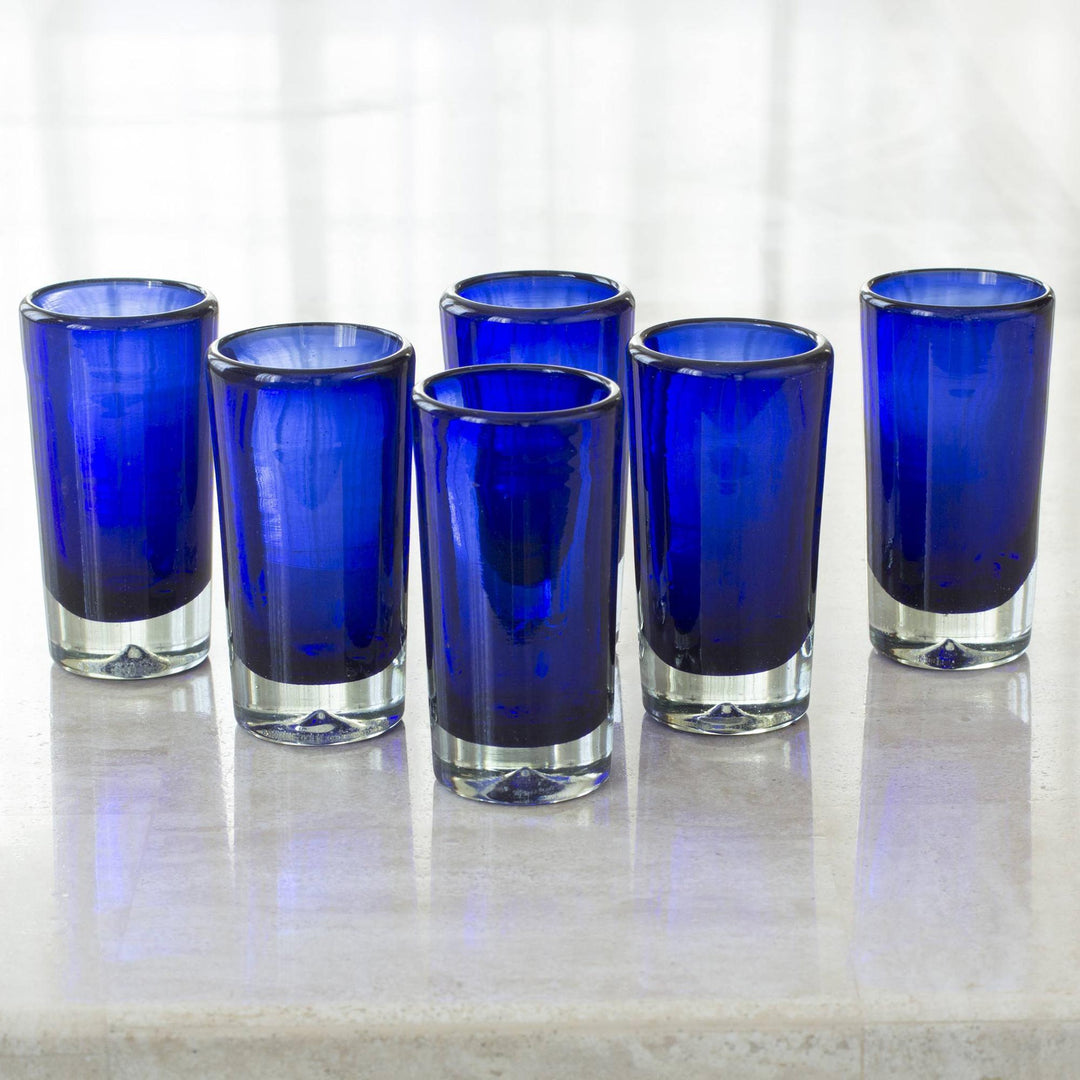 Set of 6 Blue Hand Blown Mexican Tequila Shot Glasses - Pure Cobalt
