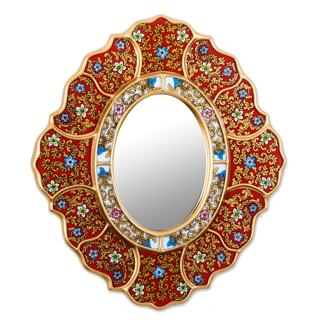 Unique Red and Gold Reverse Painted Glass Wall Mirror - Floral Crimson