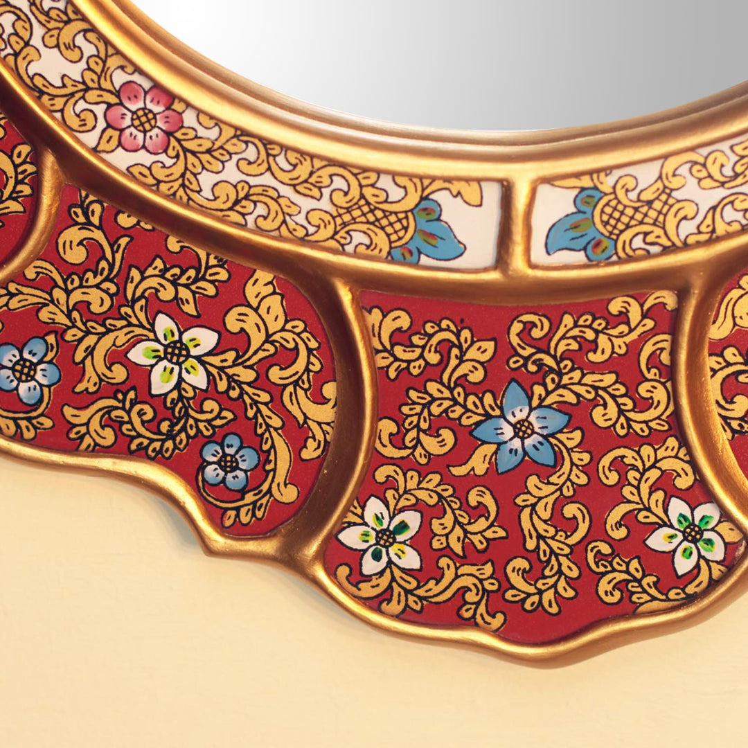 Unique Red and Gold Reverse Painted Glass Wall Mirror - Floral Crimson