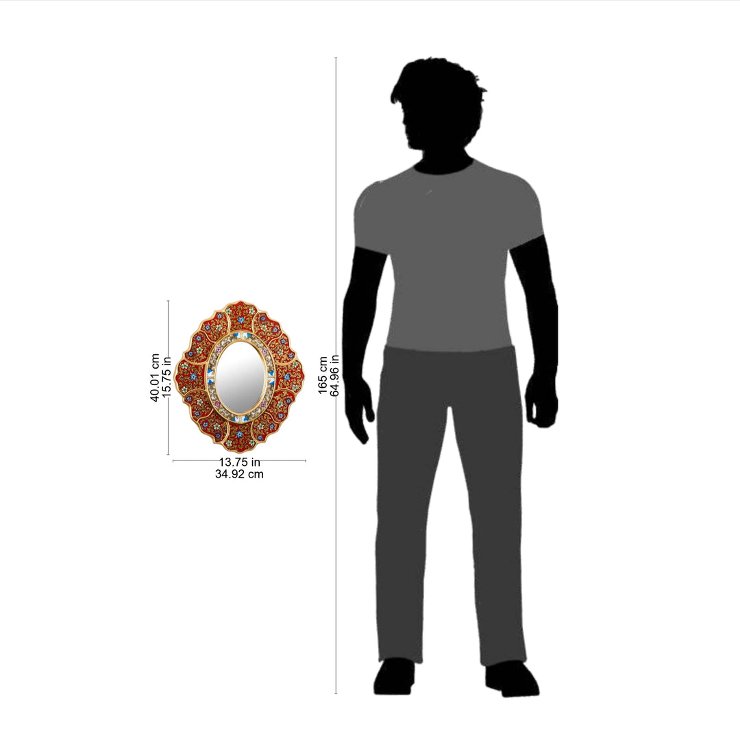 Unique Red and Gold Reverse Painted Glass Wall Mirror - Floral Crimson