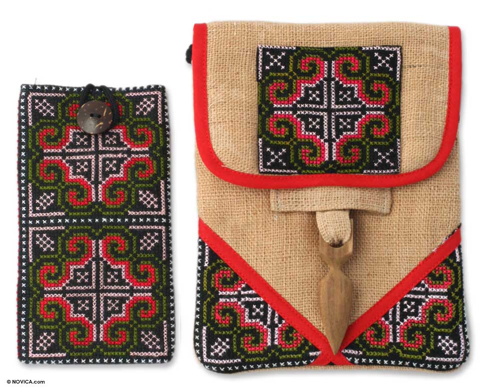 Unique Hill Tribe Hemp Bag and Cell Phone Pouch - Ultimate Red