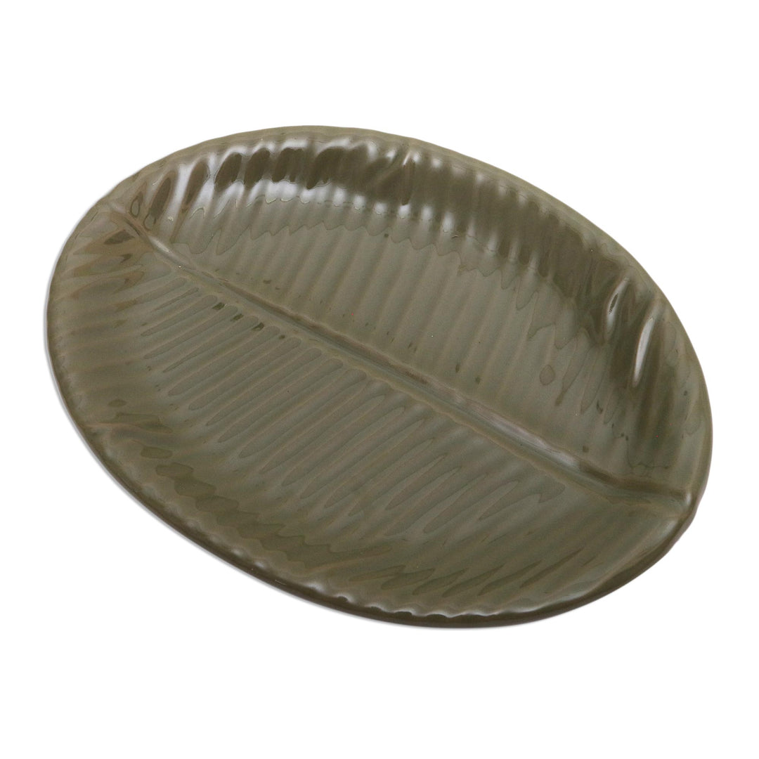 Fair Trade Stoneware Ceramic Serving Platter - Oval Banana Leaf