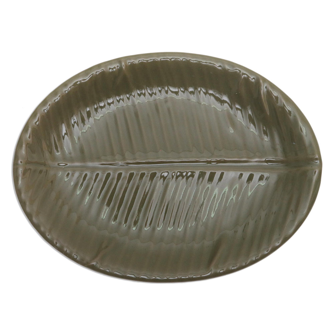 Fair Trade Stoneware Ceramic Serving Platter - Oval Banana Leaf