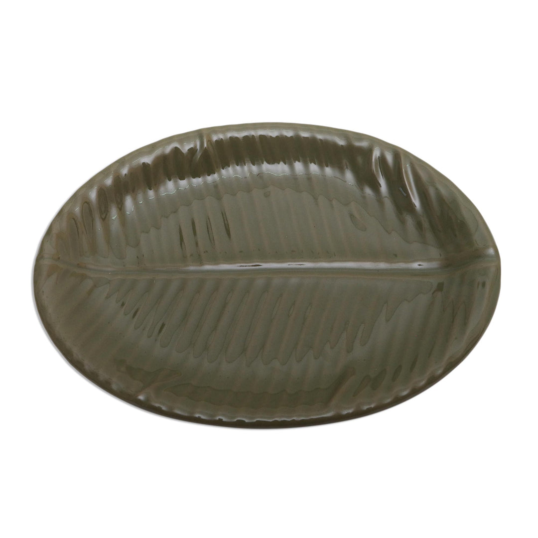 Fair Trade Stoneware Ceramic Serving Platter - Oval Banana Leaf