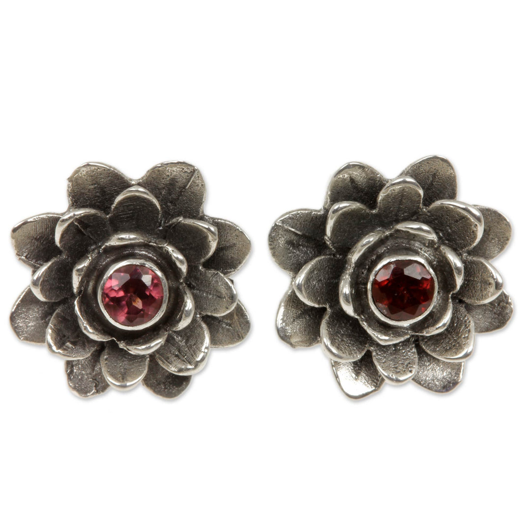 Floral Sterling Silver Garnet Earrings - Red-Eyed Lotus