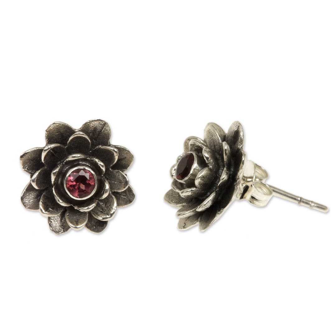 Floral Sterling Silver Garnet Earrings - Red-Eyed Lotus