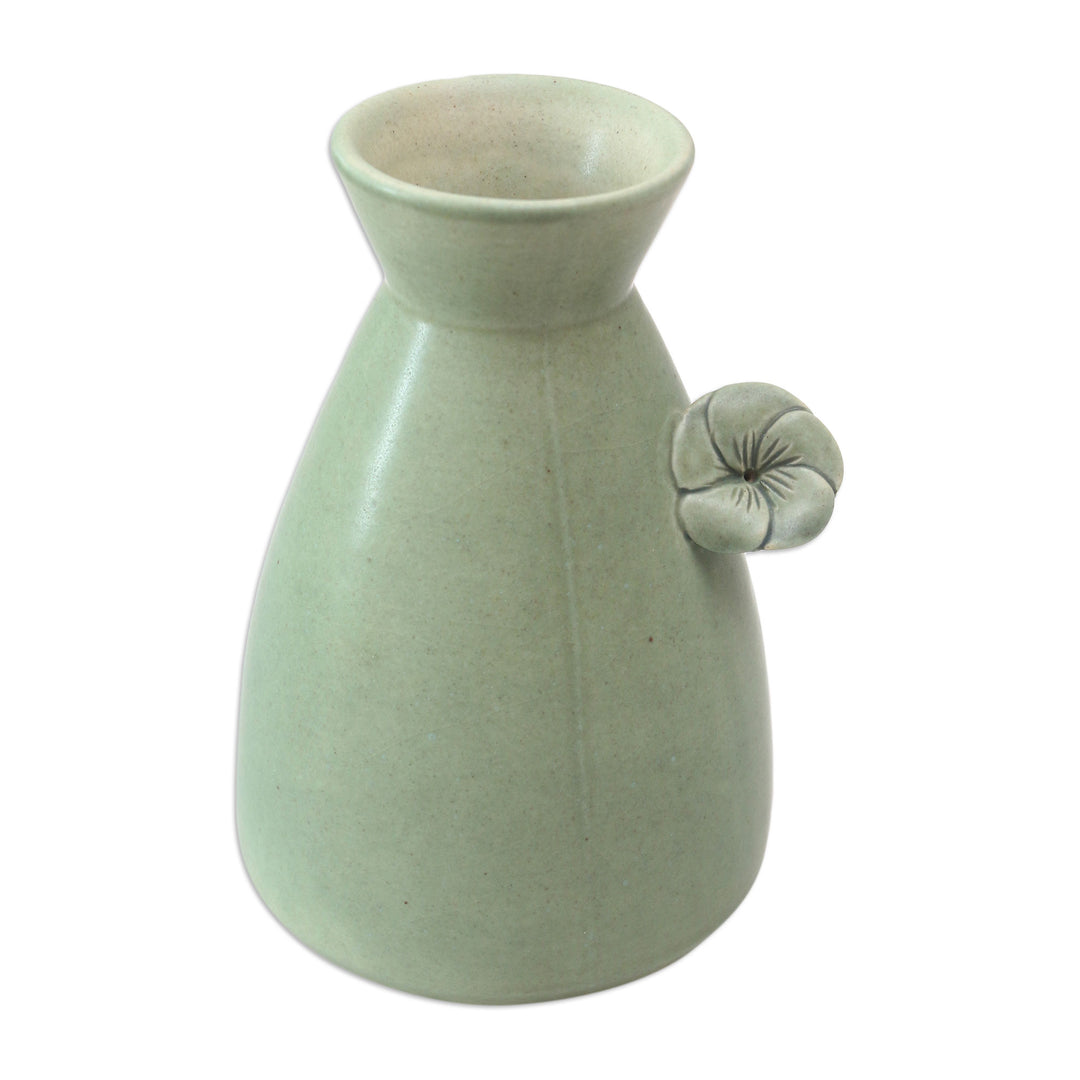 Handmade Green Ceramic Vase with Flower Trim - Beautiful Frangipani