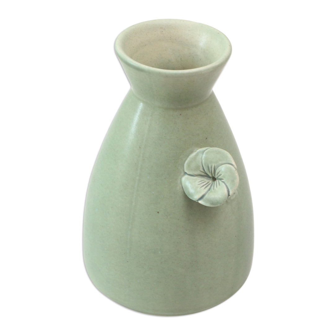 Handmade Green Ceramic Vase with Flower Trim - Beautiful Frangipani