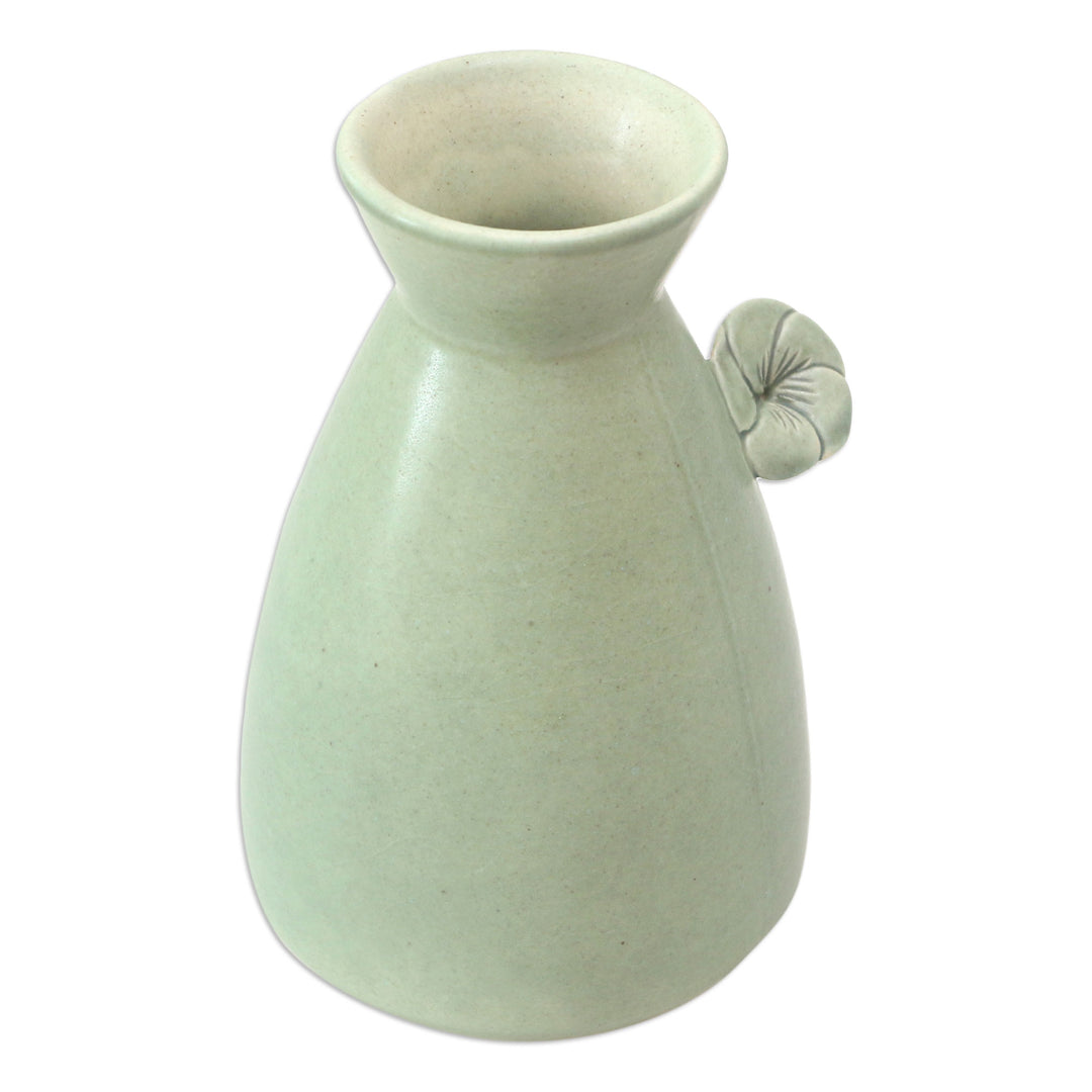 Handmade Green Ceramic Vase with Flower Trim - Beautiful Frangipani