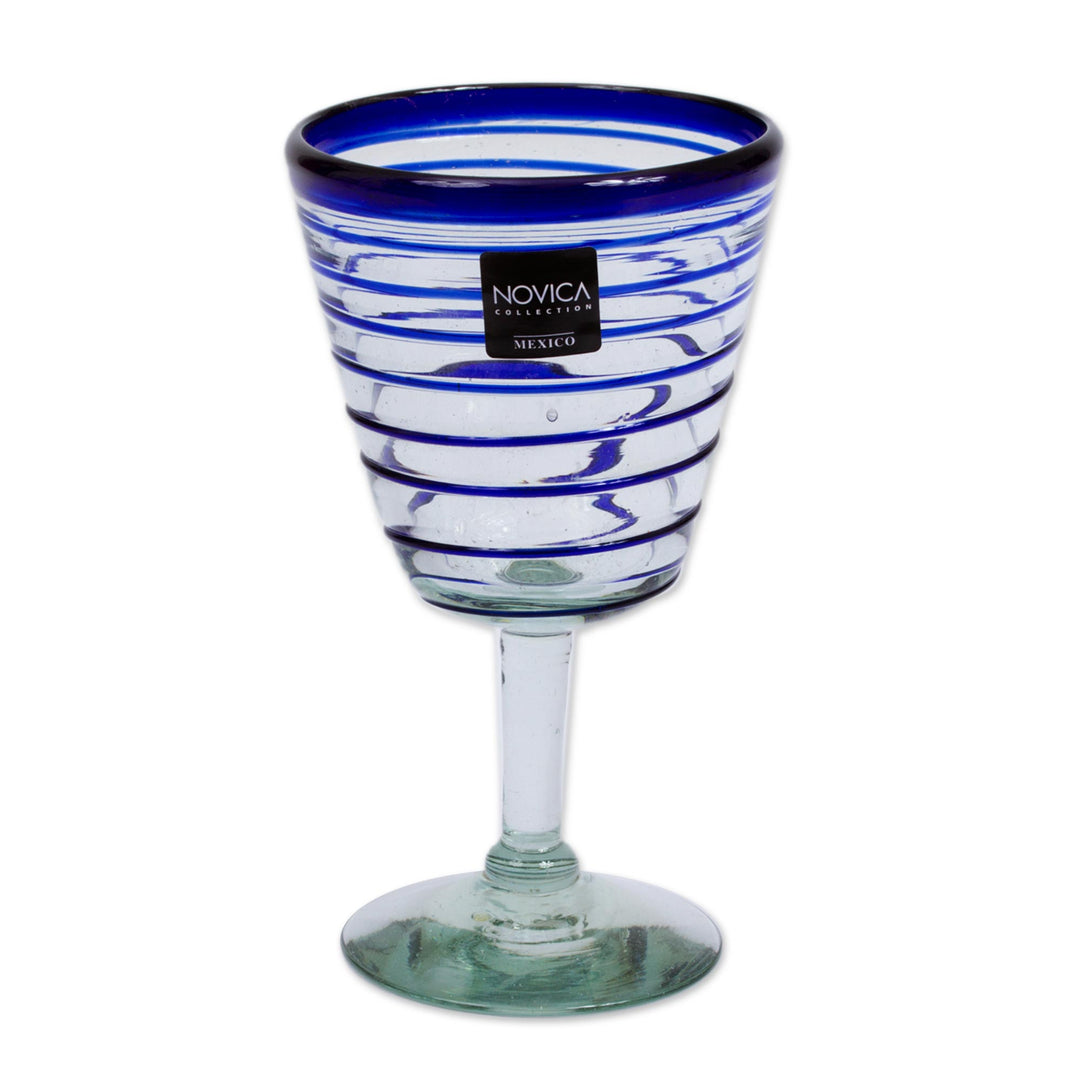 Handblown Recycled Glass Six Striped Blue Wine Glasses - Cobalt Spirals