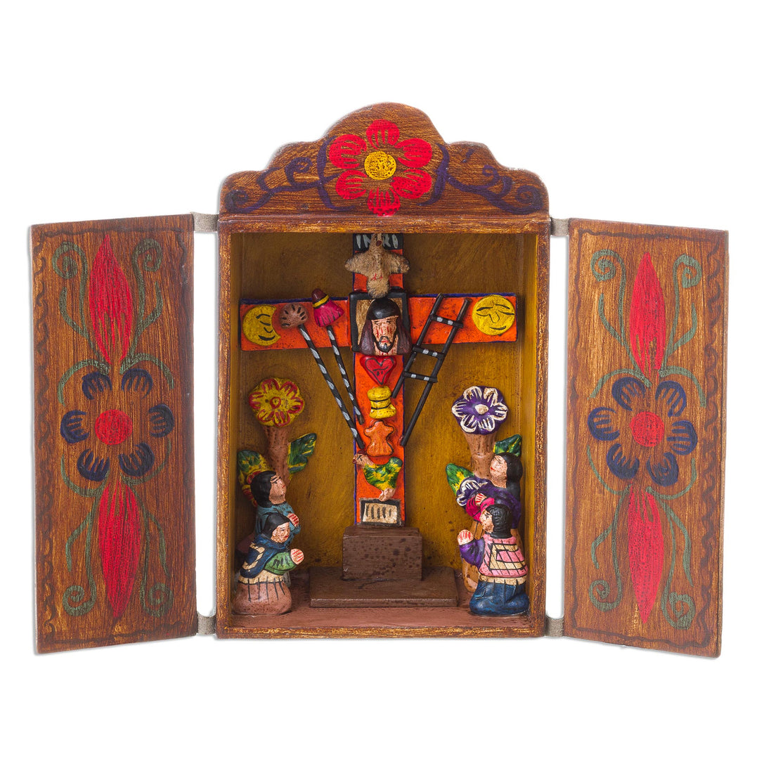 Hand Made Religious Wood Retablo Diorama Andean Folk Art - Cross of Lamentation
