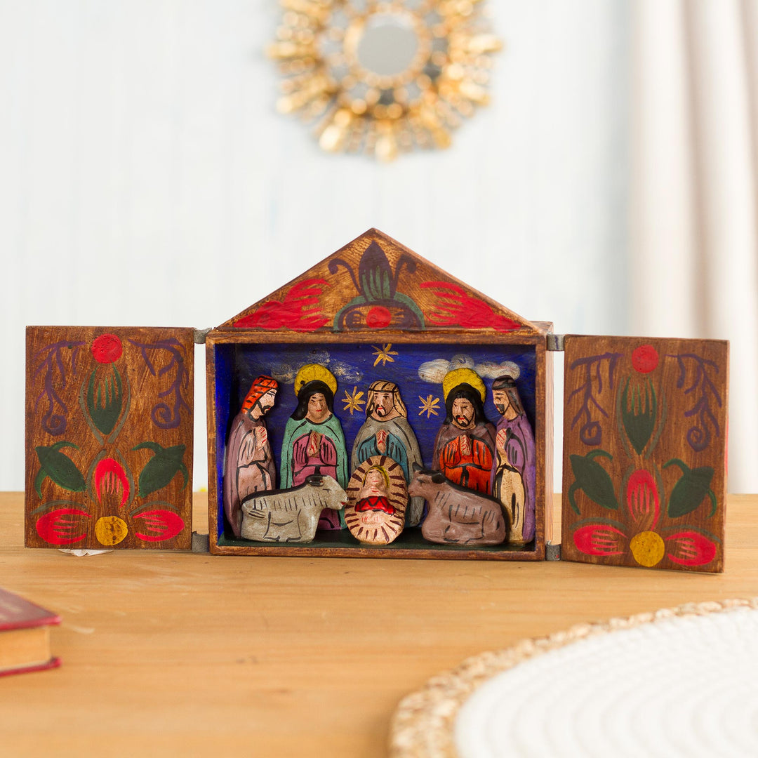 Fair Trade Nativity Scene Retablo Wood Sculpture - Jesus Spoke of Peace