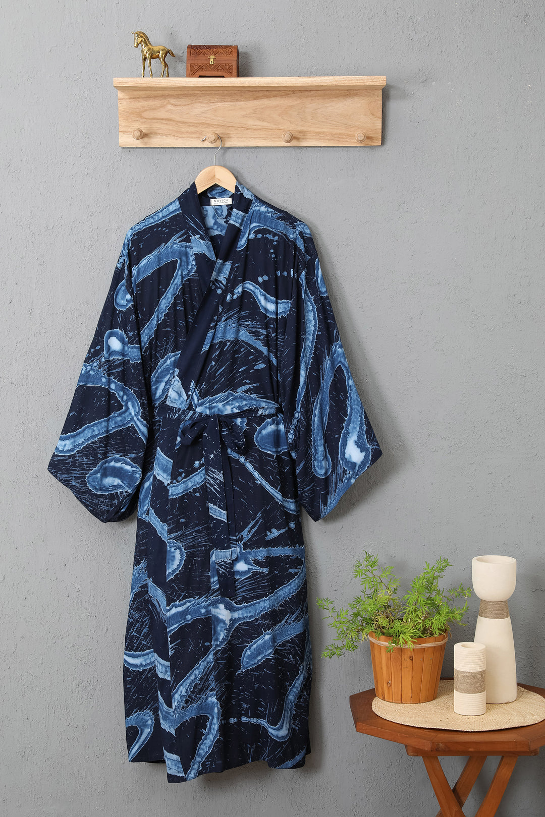 Women's Blue Batik Patterned Robe - Sea of Shadows