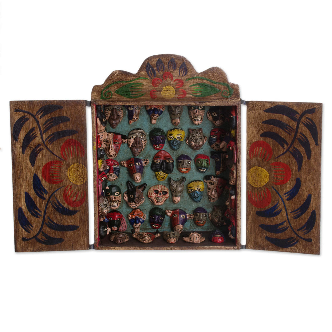 Unique Wood Retablo Folk Art Mask Theme Sculpture - Mask Collection