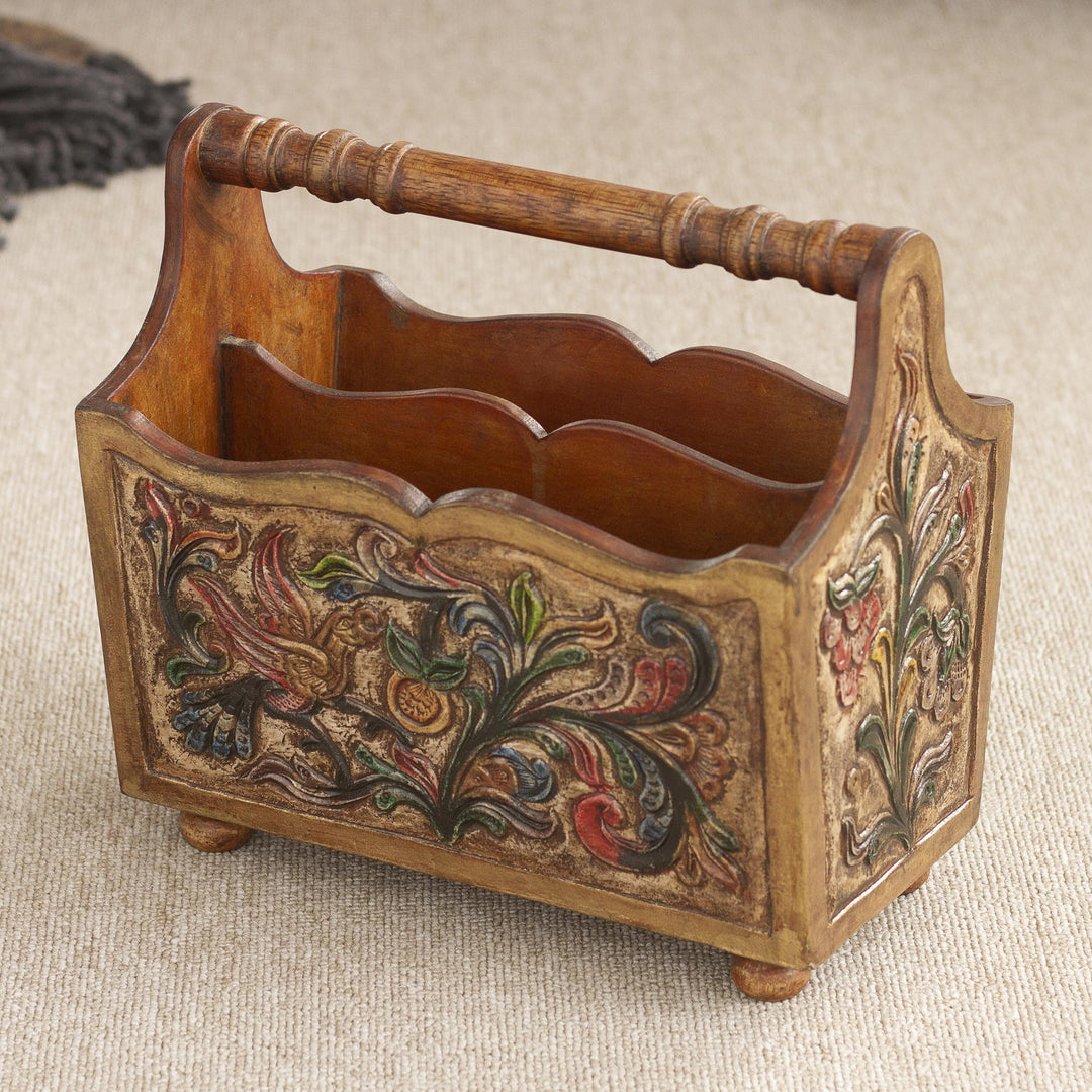 Hand Tooled Leather and Mohena Wood Magazine Rack - Songbirds