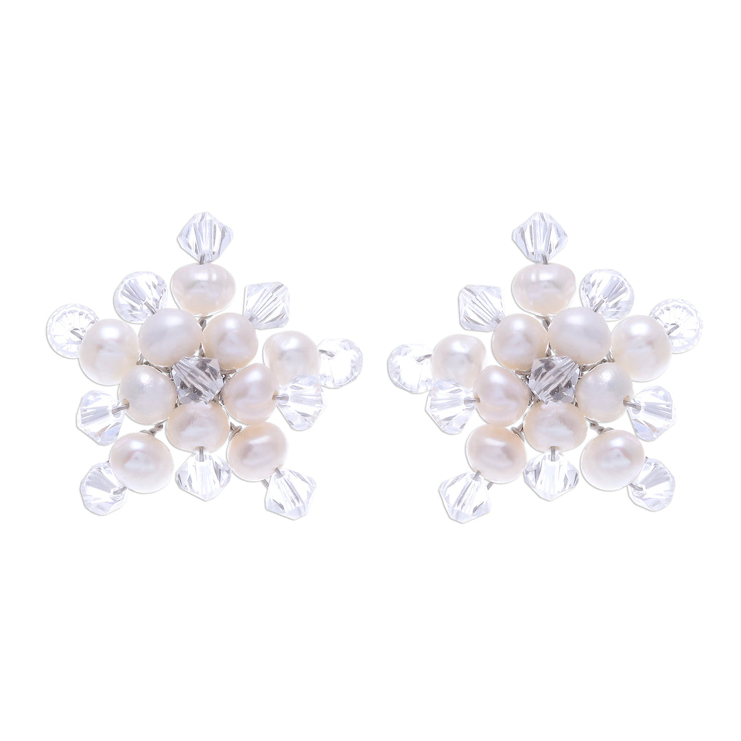 Hand Made Pearl Button Earrings from Thailand - White Stars