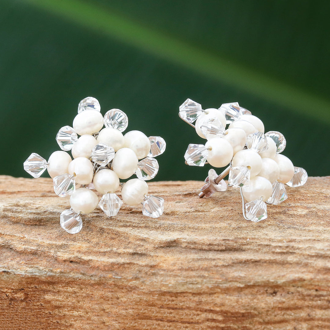 Hand Made Pearl Button Earrings from Thailand - White Stars