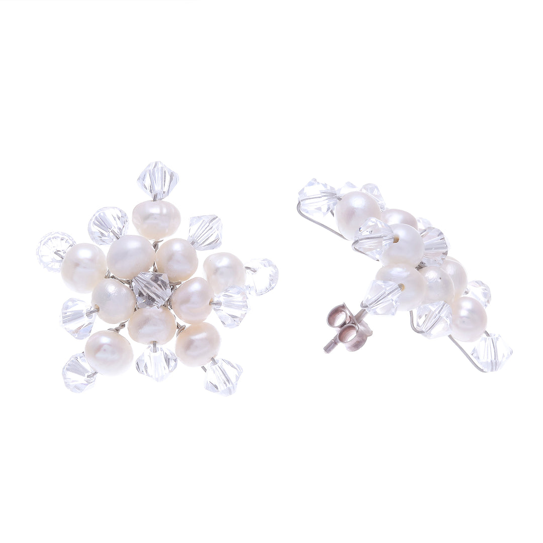 Hand Made Pearl Button Earrings from Thailand - White Stars