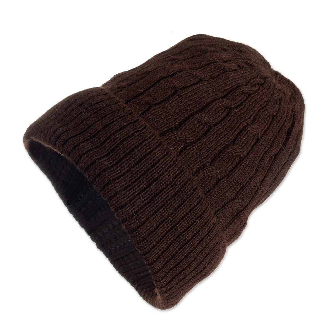 Hand Woven 100% Alpaca Wool Beanie Hat - Brown Mountain Roads