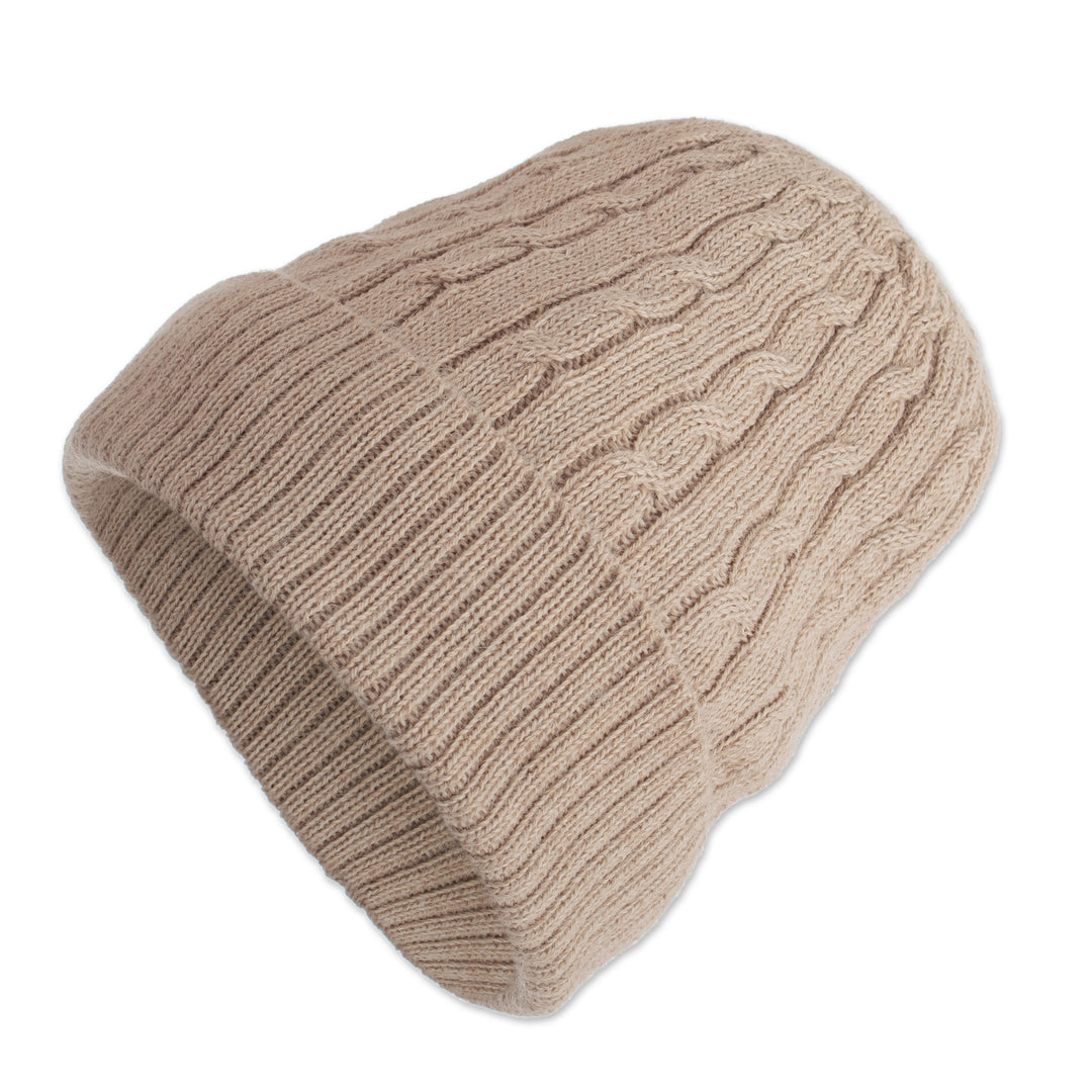 Unique Womens Alpaca Wool Solid Knit Hat - Tan Mountain Path