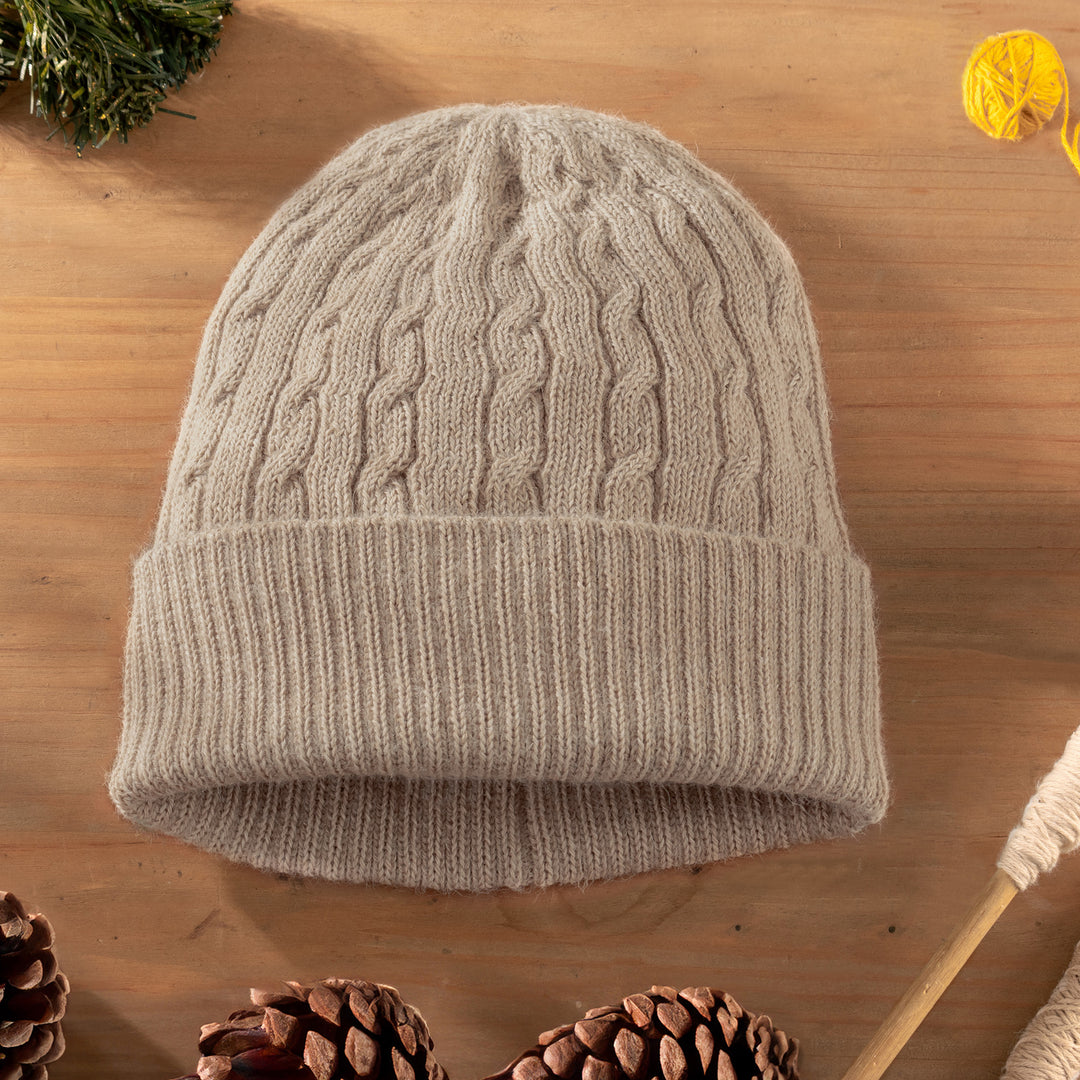 Unique Womens Alpaca Wool Solid Knit Hat - Tan Mountain Path