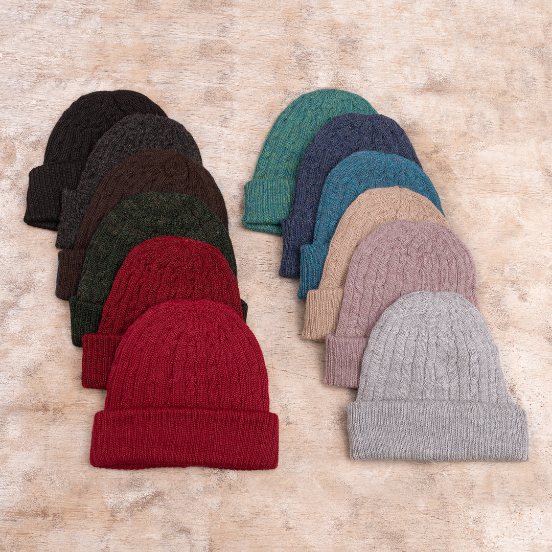 Unique Womens Alpaca Wool Solid Knit Hat - Tan Mountain Path