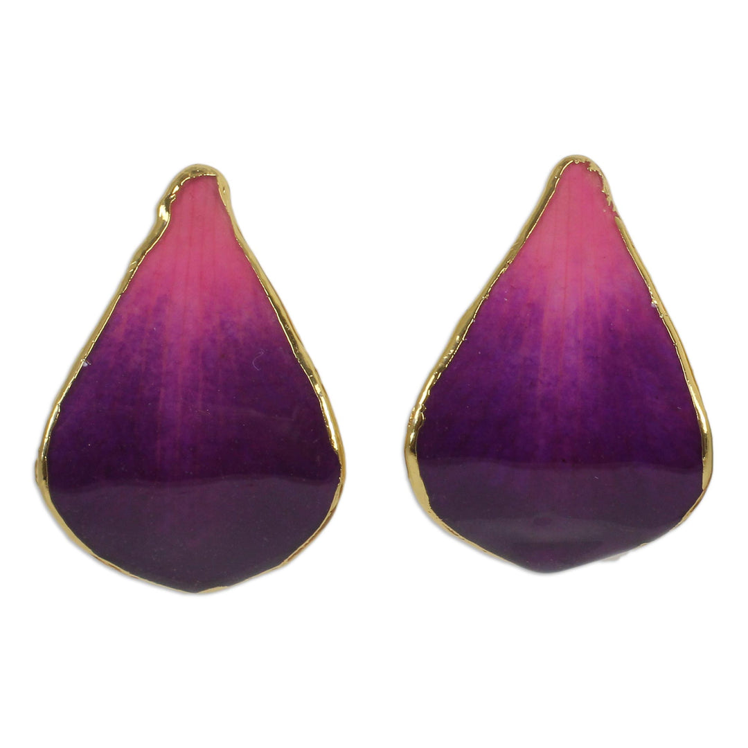 Gold Plated Natural Orchid Earrings - Purple Tears
