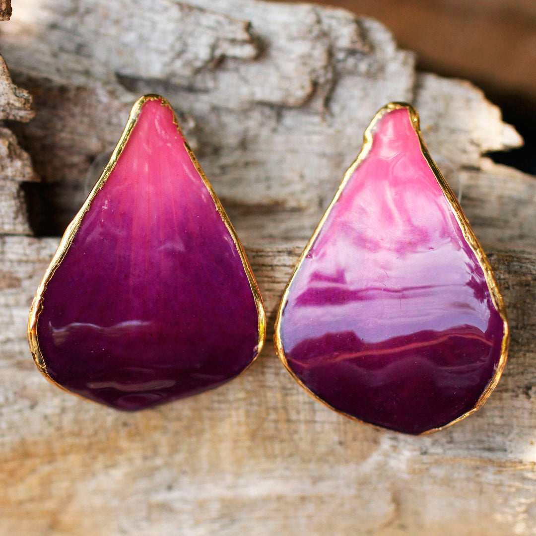 Gold Plated Natural Orchid Earrings - Purple Tears