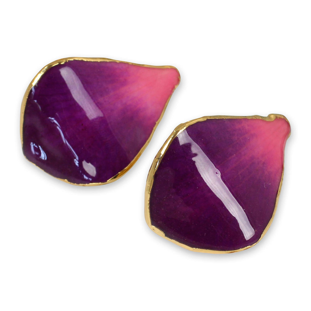 Gold Plated Natural Orchid Earrings - Purple Tears