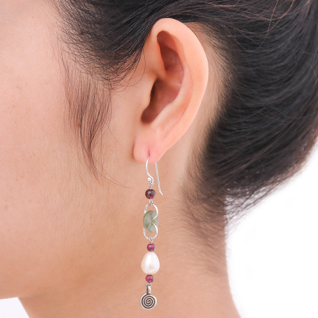 Handcrafted Jade and Pearl Dangle Earrings - Clouds of Pearl