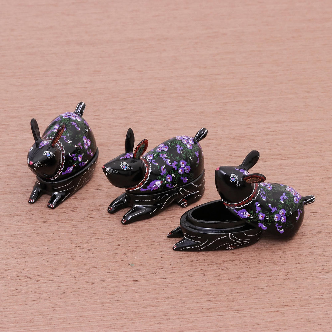 Hand Painted Thai Lacquerware Decorative Boxes (Set of 3) - Violet Bunnies