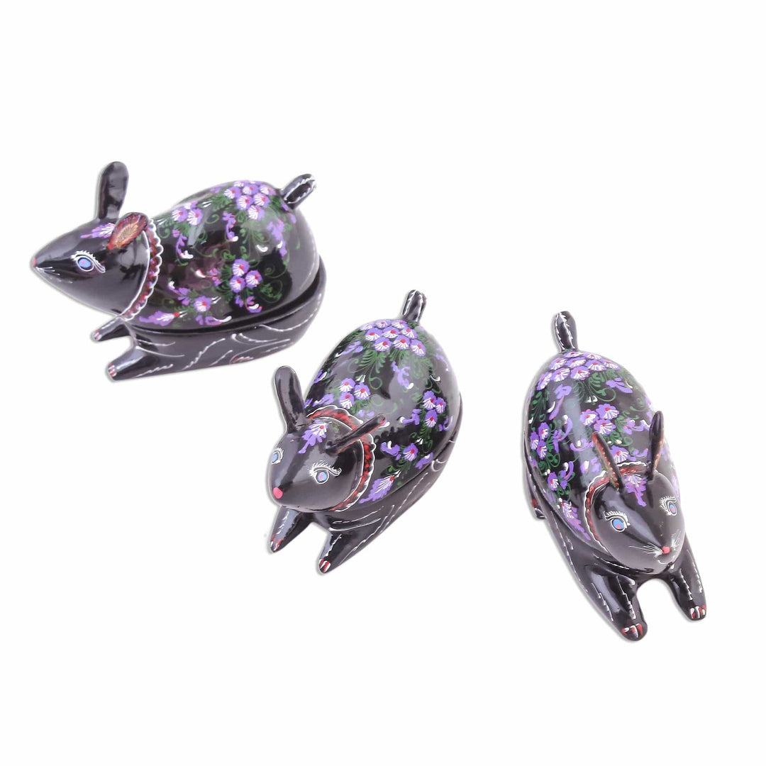 Hand Painted Thai Lacquerware Decorative Boxes (Set of 3) - Violet Bunnies