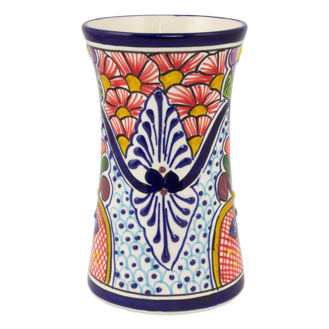 Talavera-Inspired 8-Inch Ceramic Vase from Mexico - Radiant Flowers