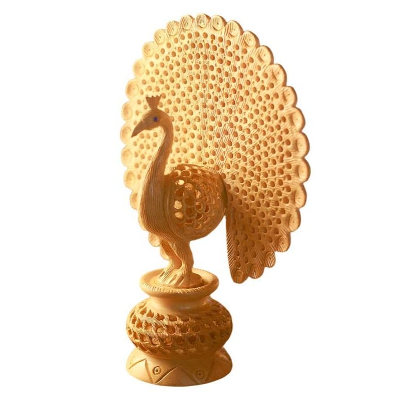 Hand Carved Jali Style Wood Peacock Sculpture India - Peacock Pose