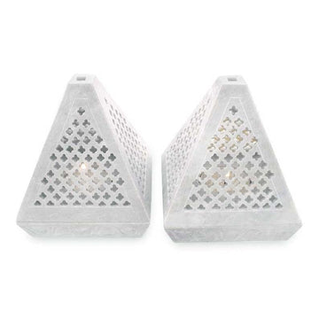 Hand Crafted Jali Soapstone Candle Holders (Pair) - Lace Pyramid