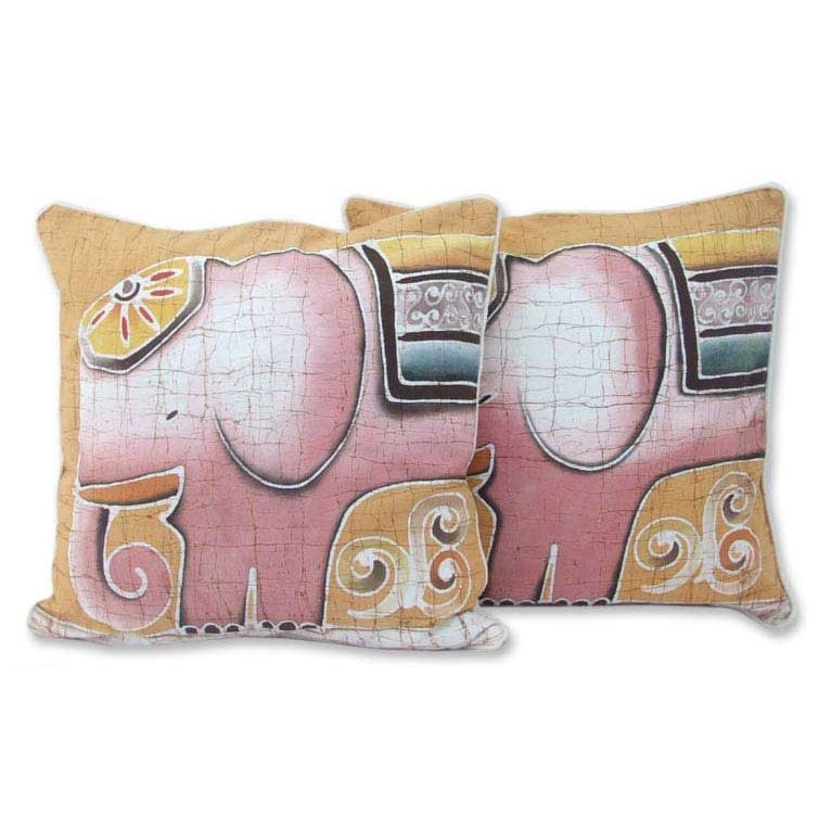 Batik Cotton Cushion Covers (Pair) - Pink Elephants