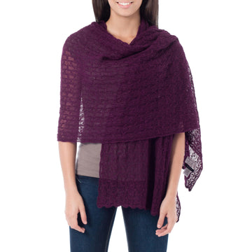 Alpaca Wool Soft Hand Knit Shawl - Muse in Plum