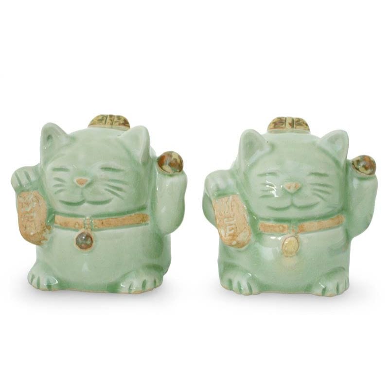 Handcrafted Celadon Ceramic Sculptures (Pair) - Fortune Cats