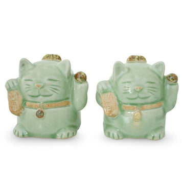 Handcrafted Celadon Ceramic Sculptures (Pair) - Fortune Cats