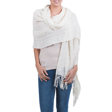 Artisan Crafted Alpaca Wool Patterned Shawl - Versatile Ivory