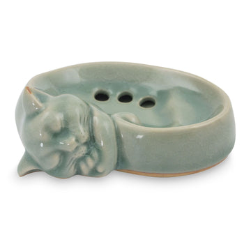 Celadon Ceramic Soap Dish Crafted by Hand in Thailand - Light Blue Napping Kitty