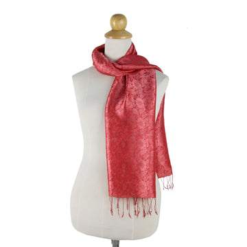 Red Floral Rayon and Silk Thai Scarf - Crimson Bouquet