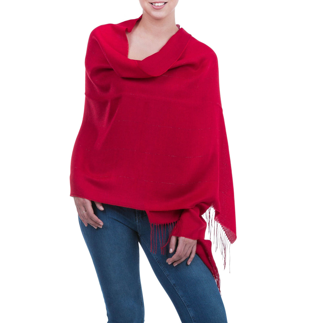 Handwoven Red Baby Alpaca Blend and Pima Cotton Shawl - Crimson Sparkle