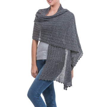 Charcoal Grey Sheer Knitted Alpaca Blend Shawl - Muse in Grey