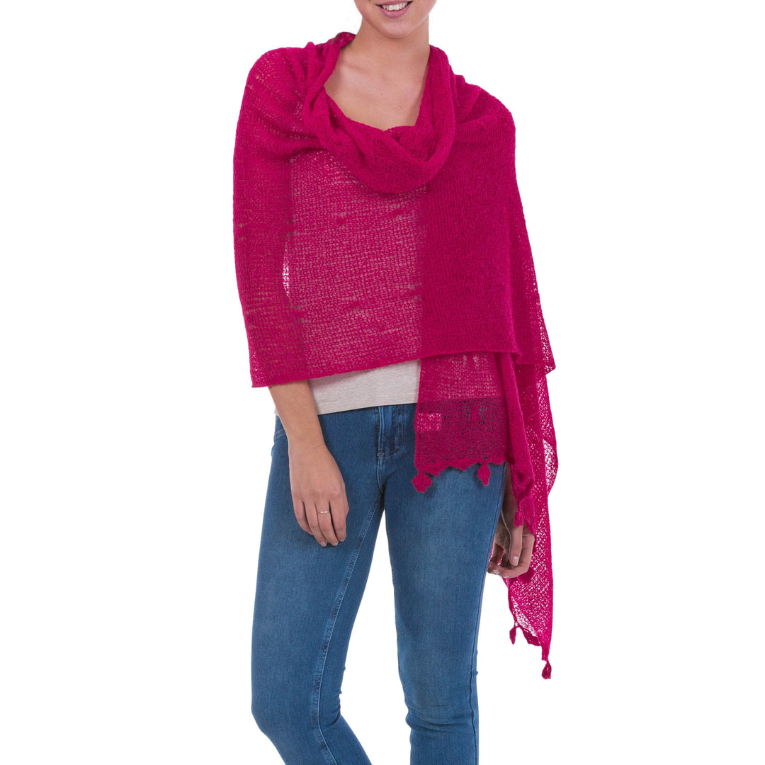 Andean Baby Alpaca Blend Raspberry Sheer Knitted Shawl - Gossamer Raspberry Stars