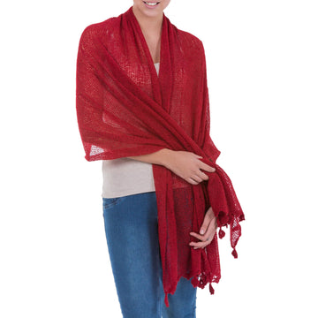 Crimson Red Andean Alpaca Blend Shawl from Peru - Gossamer Crimson Stars