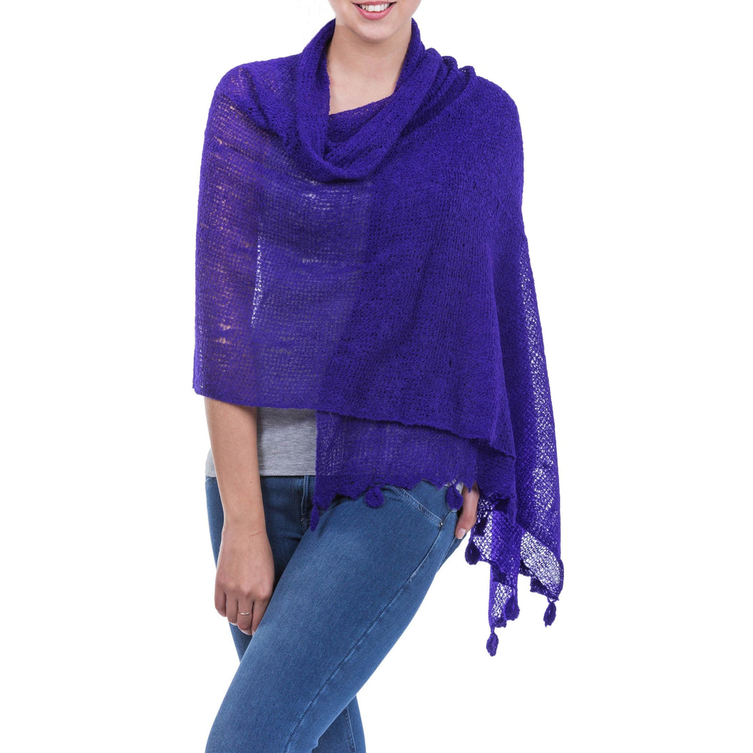 Deep Purple Open Knit Andean Alpaca Wool Blend Shawl - Gossamer Purple Stars