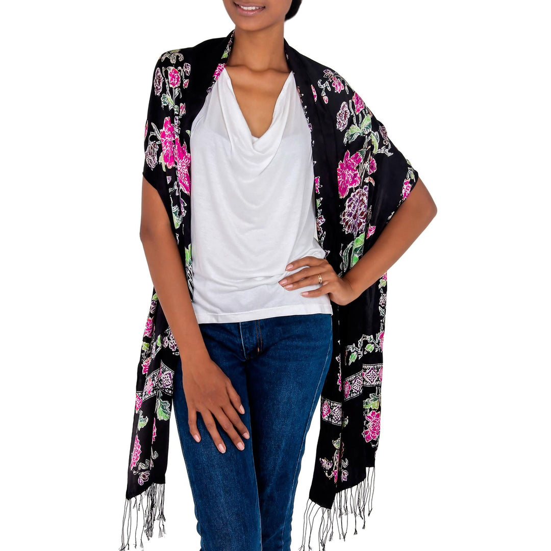 Artisan Crafted Silk Batik Shawl from Bali - Sweet Night Blossoms
